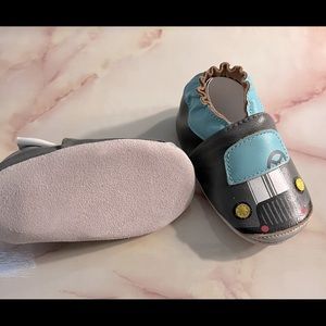 Baby soft sole shoes, grey and blue, size 6-12 months, car design, like new